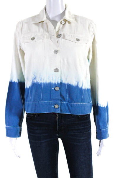 Designer Womens Dip Dye Button Up Denim Jacket Blue White Size Medium