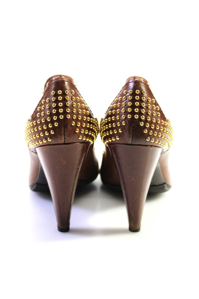 Miu Miu Womens Leather Studded Cap Toe Pumps Brown Gold Size 40 10