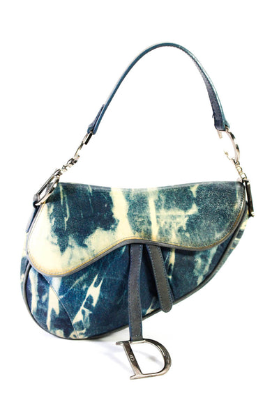 Christian Dior Womens Leather Denim Printed Trompe Loeil Saddle Blue Handbag