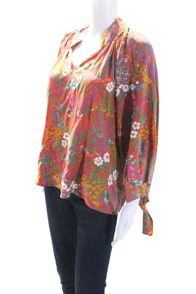 Cynthia Rowley Womens Floral Print 3/4 Sleeve V-Neck Blouse Multicolor Size M