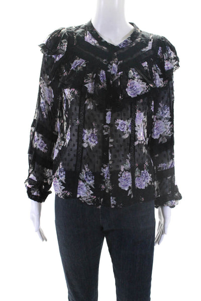 Love Shack Fancy Womens Silk Swiss Dot Floral Print Button Up Top Black Size XS