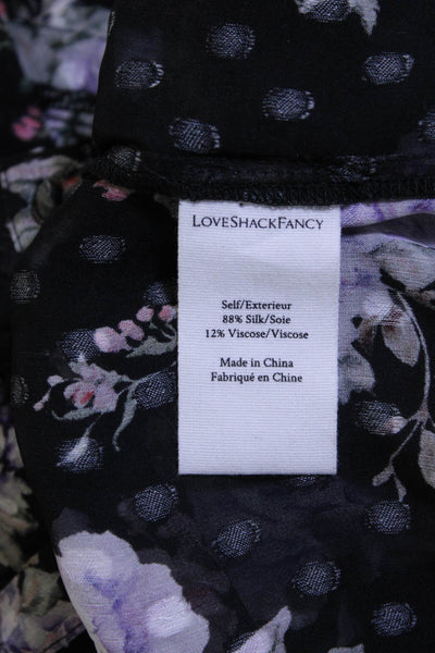 Love Shack Fancy Womens Silk Swiss Dot Floral Print Button Up Top Black Size XS