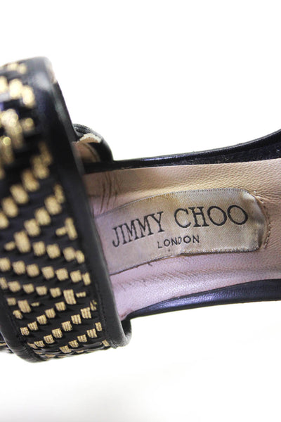 Jimmy Choo Womens Leather Woven Sandal Heels Black Gold Size 38 8