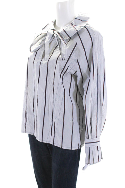 Odeeh Womens Cotton Striped Ruffled Long Sleeve V-Neck Blouse Top Blue Size 36