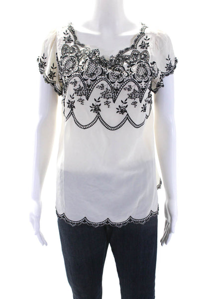 Nanette Lepore Womens Embroidered Ruffled Silk Top Blouse White Black Size 12