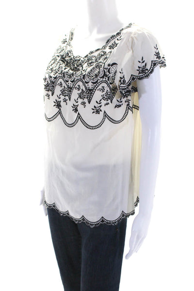 Nanette Lepore Womens Embroidered Ruffled Silk Top Blouse White Black Size 12