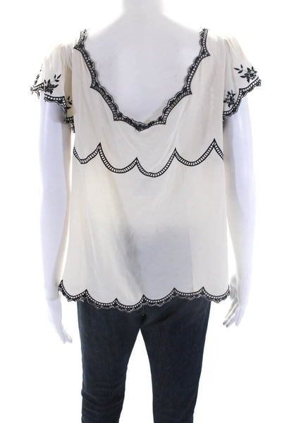 Nanette Lepore Womens Embroidered Ruffled Silk Top Blouse White Black Size 12