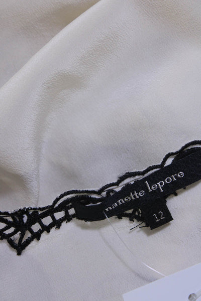 Nanette Lepore Womens Embroidered Ruffled Silk Top Blouse White Black Size 12