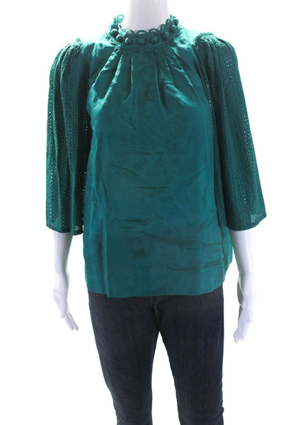 3.1 Phillip Lim Womens Eyelet 3/4 Sleeve Silk Blouse Teal Green Size 10