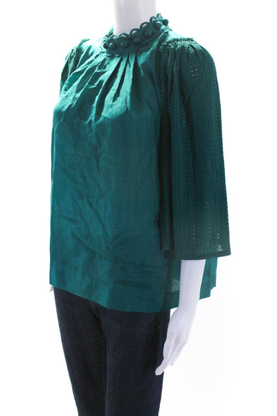 3.1 Phillip Lim Womens Eyelet 3/4 Sleeve Silk Blouse Teal Green Size 10