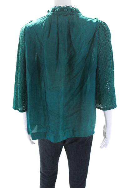 3.1 Phillip Lim Womens Eyelet 3/4 Sleeve Silk Blouse Teal Green Size 10