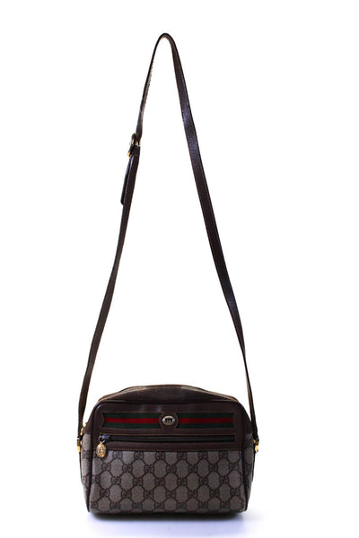 Gucci Womens Vintage Leather Zippered Monogram Crossbody Handbag Brown Beige Gre