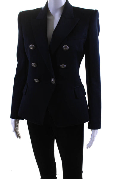 Balmain Womens Wool Collared Double Breasted Blazer Jacket Navy Blue Size 40