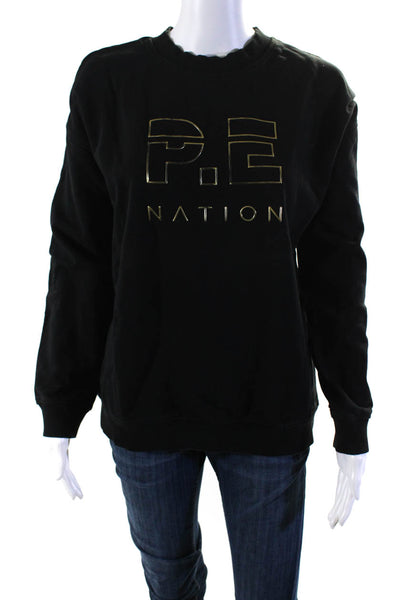 PE Nation Womens Pullover Metallic Logo Front Sweatshirt Black Cotton Medium