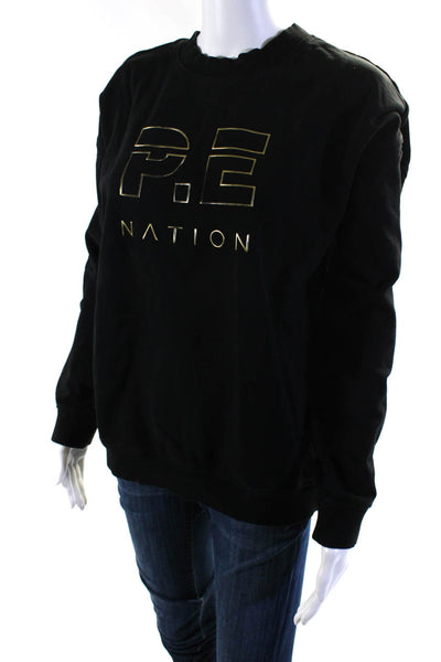 PE Nation Womens Pullover Metallic Logo Front Sweatshirt Black Cotton Medium