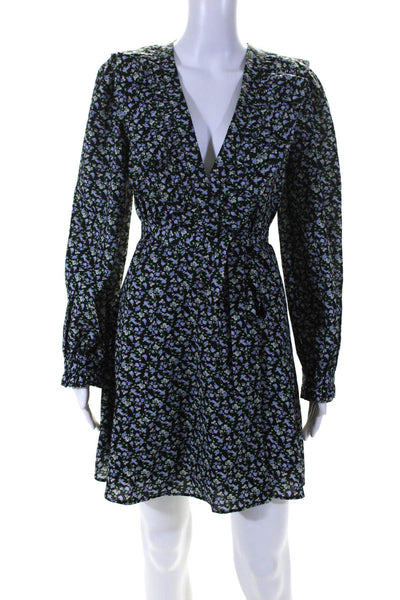 English Factory Womens Blue Floral Ruffle V-Neck Long Sleeve Wrap Dress Size S