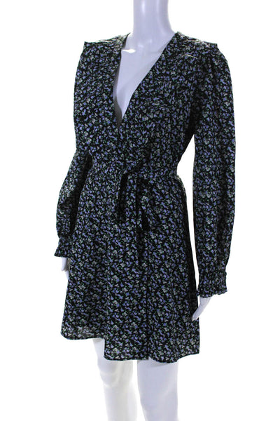English Factory Womens Blue Floral Ruffle V-Neck Long Sleeve Wrap Dress Size S