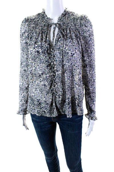 Free People Women's Floral Print Long Sleeve V-Neck Blouse White Size XS