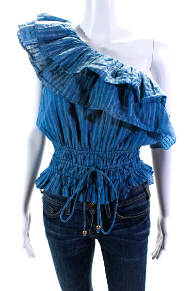Karina Grimaldi Women's Cotton One Shoulder Metallic Striped Blouse Blue Size S