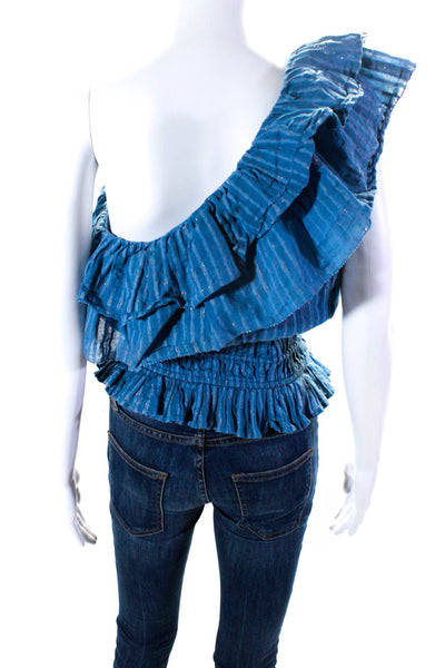 Karina Grimaldi Women's Cotton One Shoulder Metallic Striped Blouse Blue Size S