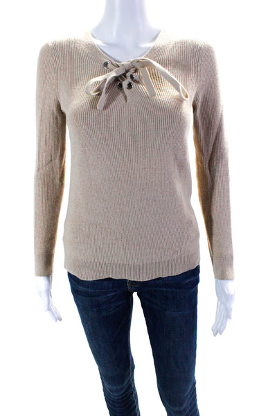 Minnie Rose Womens Cotton Ribbed Knit Lace Up Sweater Top Beige Size XS