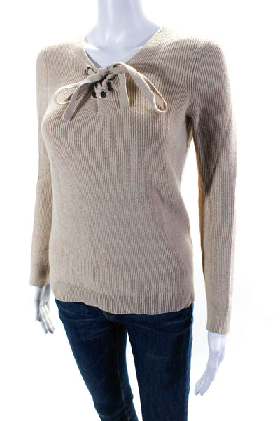 Minnie Rose Womens Cotton Ribbed Knit Lace Up Sweater Top Beige Size XS