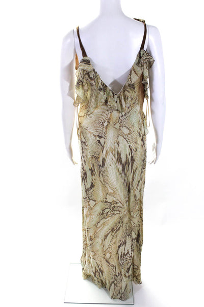 Zara Women's Snakeskin Print V-Neck Ruffle Maxi Dress Beige/Brown Size L