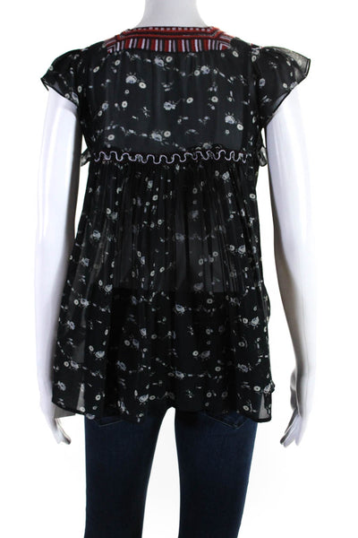 Ulla Johnson Womens Silk Floral Print Short Sleeves Blouse Black Size 4