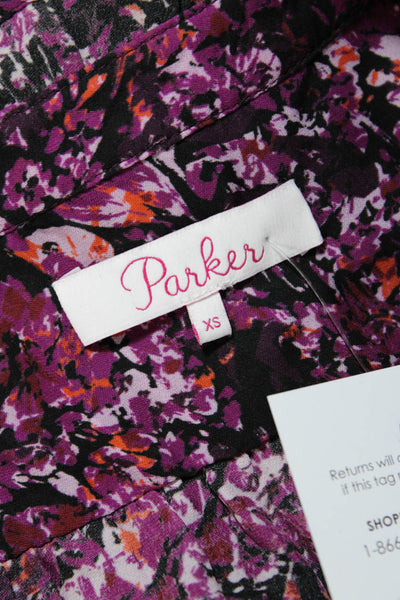Parker Womens Silk Crepe Abstract Printed V-Neck Blouse Top Purple Size XS