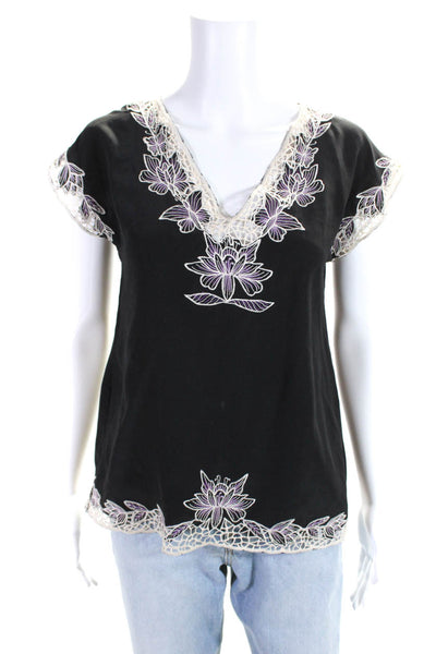 Yumi Kim Women's V-Neck Sleeveless Embroidered Silk Blouse Black Size XS