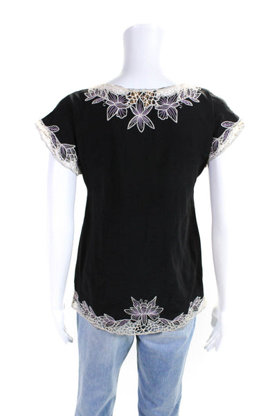 Yumi Kim Women's V-Neck Sleeveless Embroidered Silk Blouse Black Size XS