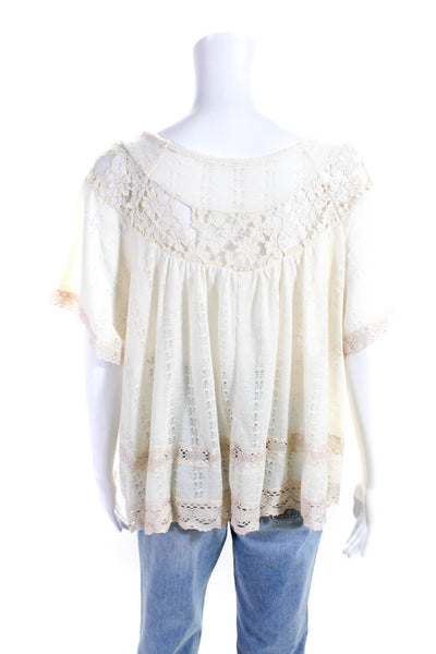 Free People Women's Round Neck Short Sleeves Lace Trim Blouse Beige Size S