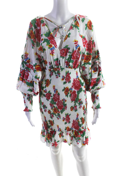 Rhode Womens Cotton Floral Smocked Long Sleeve Sheath Dress White Size M
