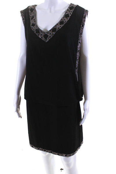 Jkara Womens Embroidered Sequined Zipped Sleeveless Blouson Dress Black Size 14