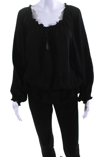 Joie Womens Silk V-Neck Ruffled Elastic Long Sleeve Blouse Top Black Size M