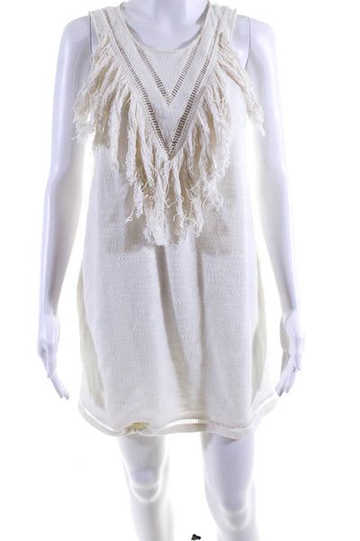 Suboo Womens Ladder Stitch Fringe Knit Mini Shift Dress Ivory Size 8