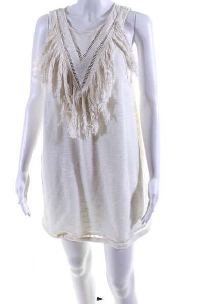 Suboo Womens Ladder Stitch Fringe Knit Mini Shift Dress Ivory Size 8