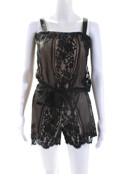 Alexis Womens Lace Sleeveless Drawstring Romper Black Beige Size Extra Small