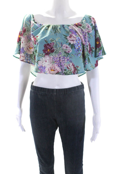 Show Me Your Mumu Womens Floral Print Cropped Blouse Blue Size Extra Small