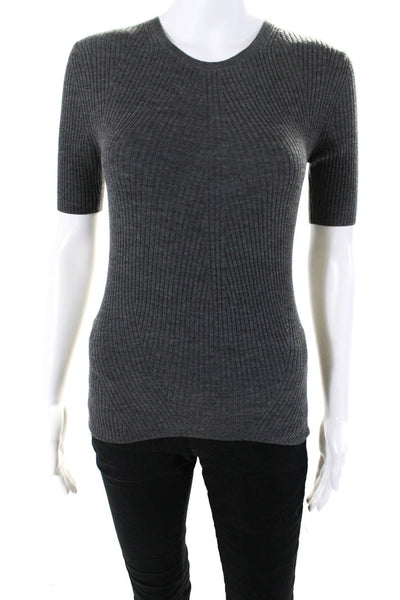 Theory Womens Rib Textured Short Sleeve Round Neck Pullover Sweater Gray Size P