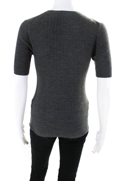 Theory Womens Rib Textured Short Sleeve Round Neck Pullover Sweater Gray Size P