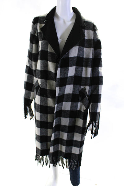 Sosken Womens Open Front Gingham Fringe Coat Black White Wool Size Large