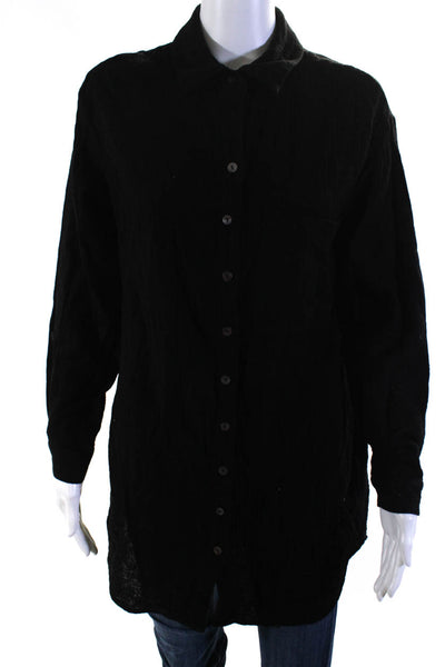 Heartloom Women's Collar Long Sleeves Button Down Cotton Shirt Black Size S