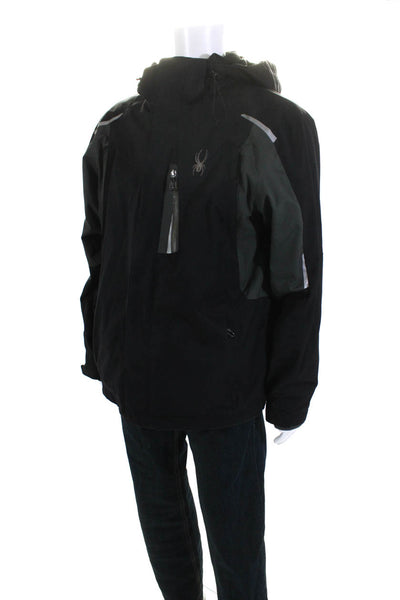 Spyder Mens Hooded Mock Neck Ski Jacket Black Grey Size Large