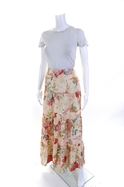 Significant Other Womens Back Zip Floral Printed Linen Maxi Skirt Beige Size 6