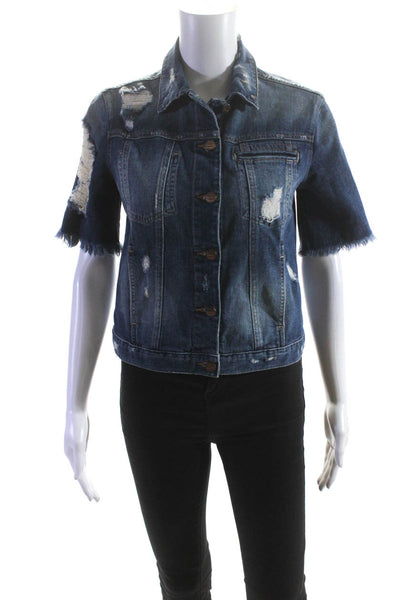 Genetic Womens Short Sleeve Distressed Denim Button Up Jacket Blue Size XS
