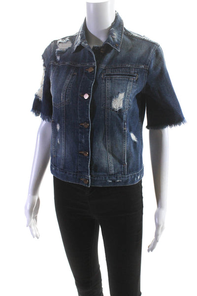Genetic Womens Short Sleeve Distressed Denim Button Up Jacket Blue Size XS