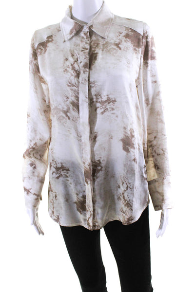 Acoa Womens Tie Dye Satin Long Sleeve Button Up Shirt Blouse Ivory Brown Small