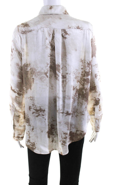 Acoa Womens Tie Dye Satin Long Sleeve Button Up Shirt Blouse Ivory Brown Small