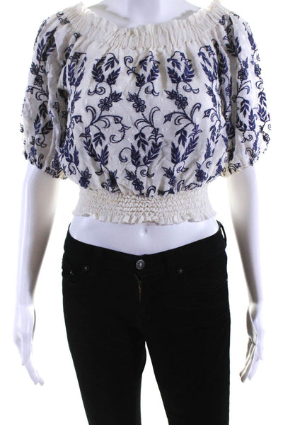 Misa Womens Embroidered Floral Off Shoulder Crop Top Blouse Blue White Size XS